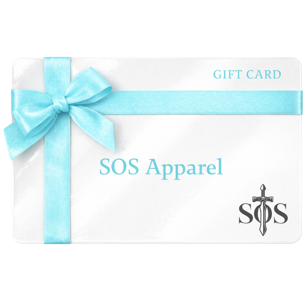 Gift card with a blue ribbon and SOS Apparel logo